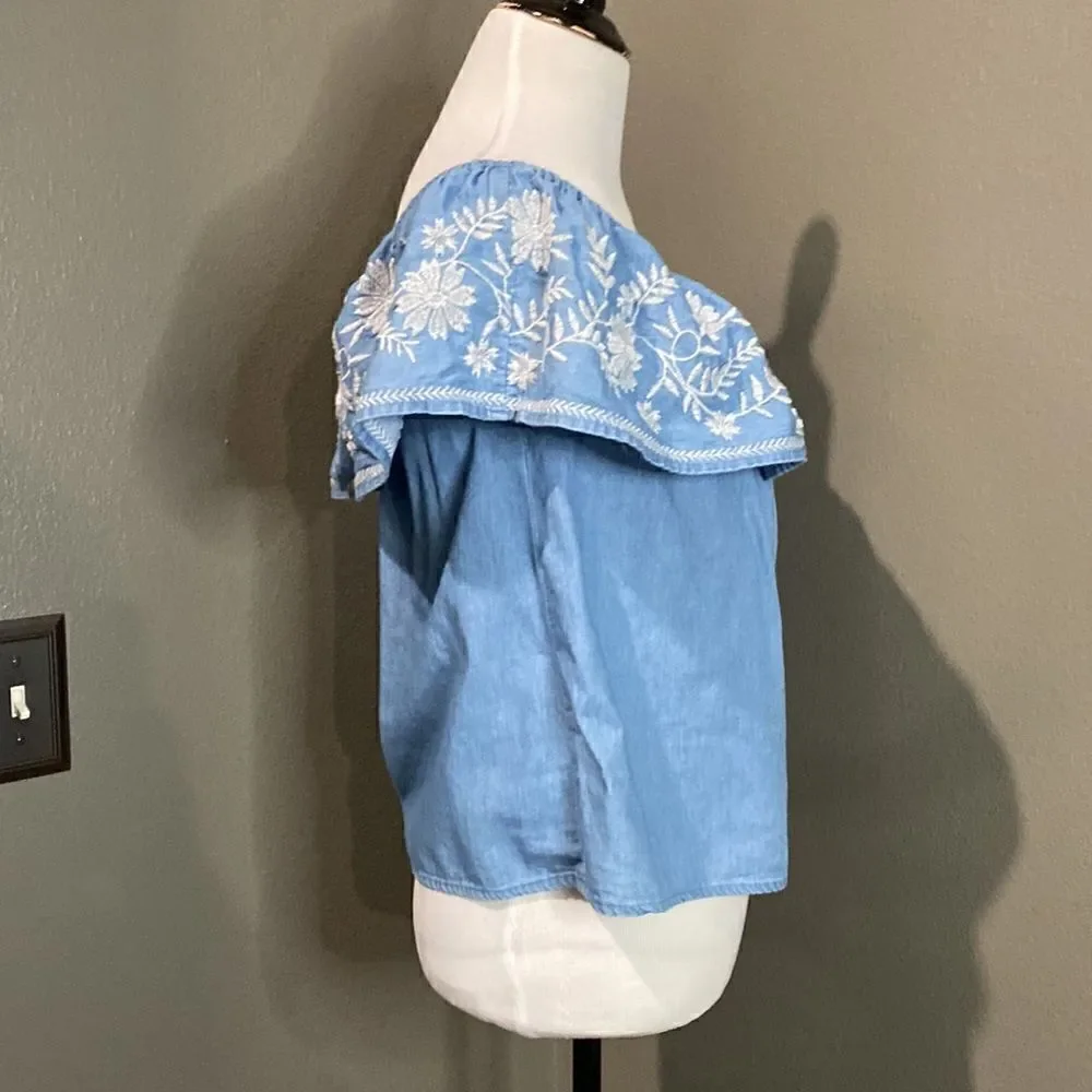 Forever 21 Off Shoulder Blouse White Floral Embroidery Chambray Denim Top